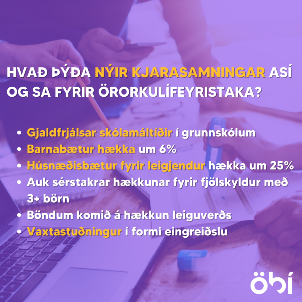Fjólublár bakgrunnur með eftirfarandi texta: HVAÐ ÞÝÐA NÝIR KJARASAMNINGAR ASÍ OG SA FYRIR ÖRORKULÍFEYRISTAKA? Gjaldfrjálsar skólamáltíðir í grunnskólum Barnabætur hækka um 6% Húsnæðisbætur fyrir leigjendur hækka um 25% Auk sérstakrar hækkunar fyrir fjölskyldur með 3+ börn Böndum komið á hækkun leiguverðs Vaxtastuðningur í formi eingreiðslu