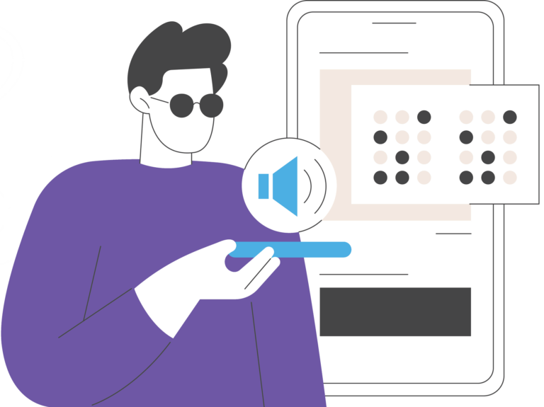 Línuteikning af manneskju með sólgleraugu heldur á snjalltæki með hljóðtákni, við hliðina á skjá með texta í blindraletri, sem táknar aðgengistækni fyrir sjónskerta
