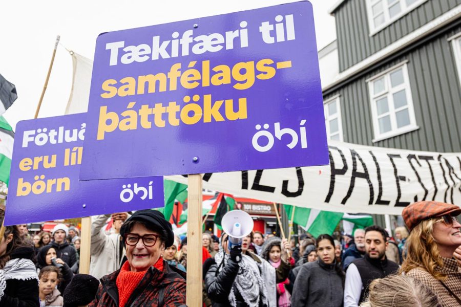 Mynd af fjölda fólks í réttindagöngunni. Þau kröfuspjöld ÖBÍ sem eru sjáanleg eru 1. Tækifæri til samfélagsþátttöku og 2. Fötluð börn eru líka börn. Forgöngufáni Frjáls Palestína sést einnig á myndinni.