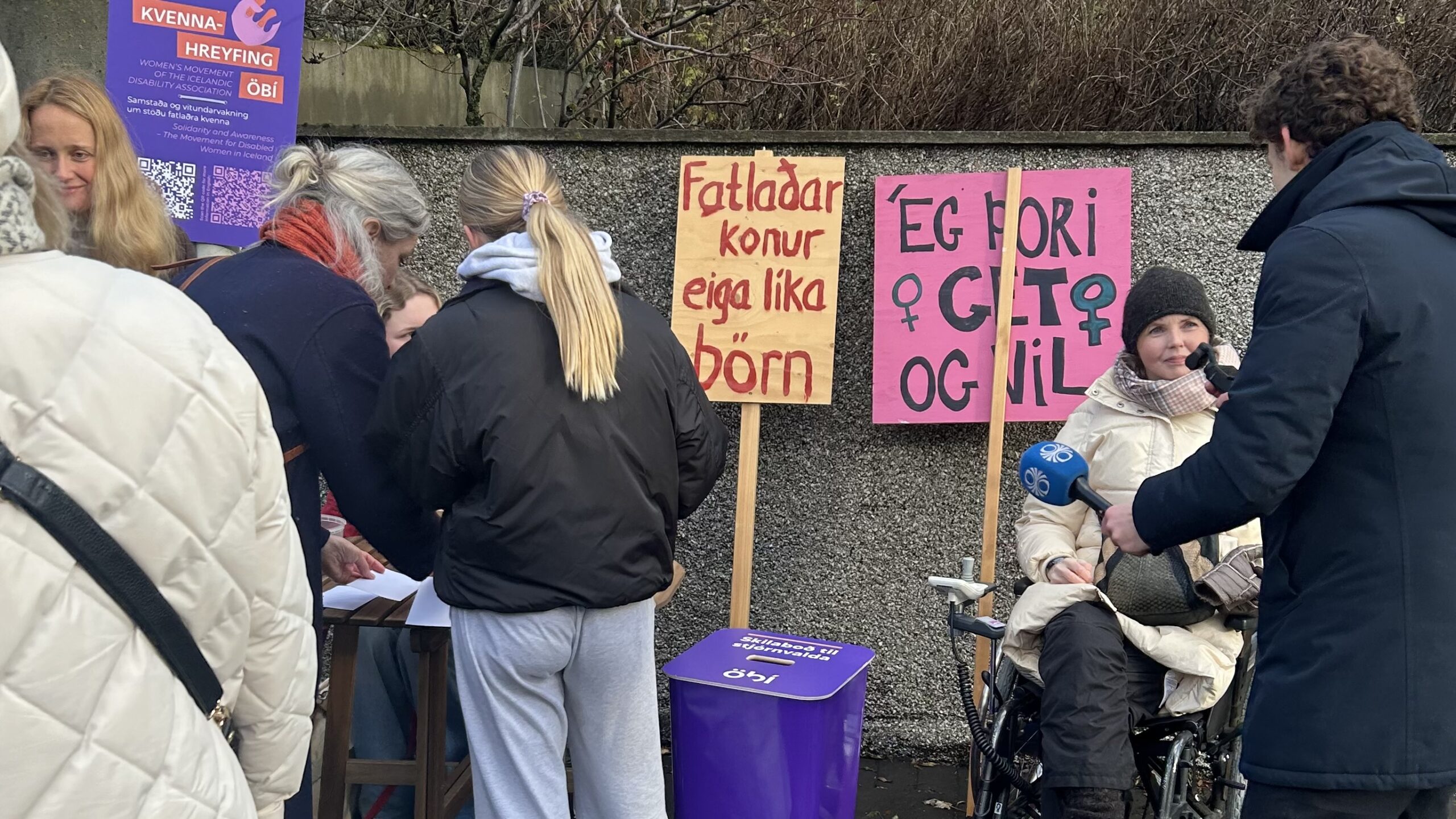 „Úti stendur hópur kvenna við steyptan vegg. Þær standa við lítið borð þar sem verið er að skrifa undir eða skrá fólk. Bakvið hópinn er skilti frá kvennahreyfingu ÖBÍ Við vegginn standa tvö mótmælaskilti. Á fyrra skiltinu stendur: „Fatlaðar konur eiga líka börn.“ Hitt skiltið er bleikt og á því stendur: „Ég þori get og vil“ og þar er líka kvennatákn. Fyrir framan skiltin situr Steinunn Þóra Árnadóttir í hjólastól, hlýlega klædd með húfu og trefil. Hún er að tala við fréttamann RÚV sem stendur fyrir framan hana með upptökutæki. Nokkrar konur standa til hlliðar þar má meðal Rósa María Hjörvar.