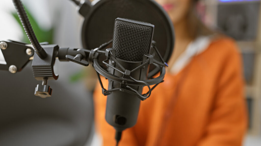 Hljóðnemi og manneskja bakvið hann, úr fókus