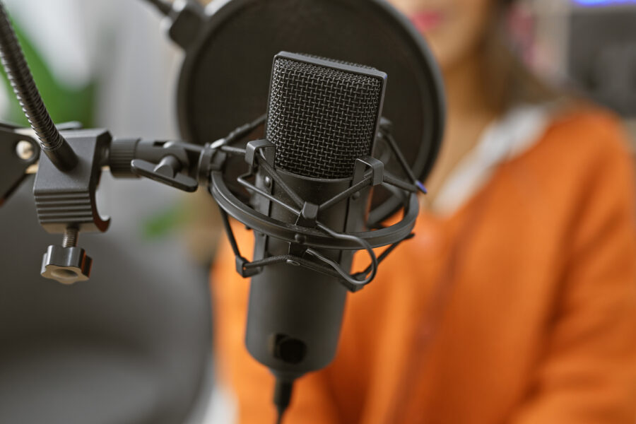 Hljóðnemi og manneskja bakvið hann, úr fókus