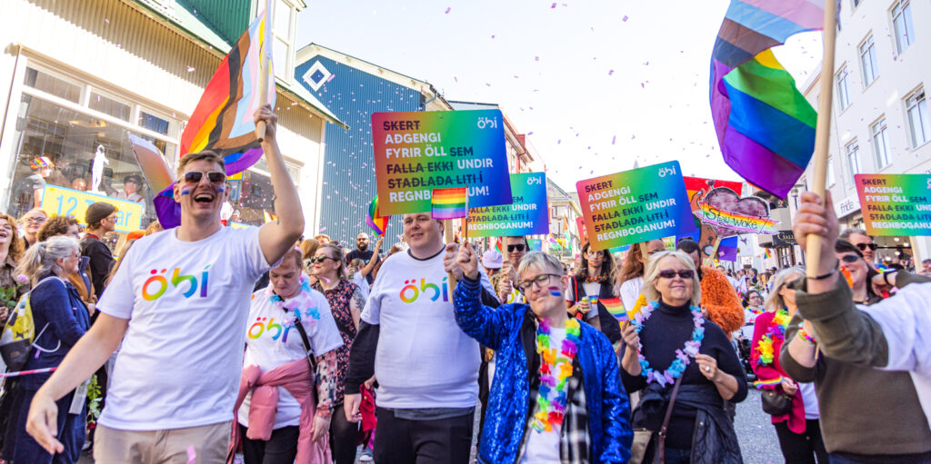 Hópur fólks frá ÖBÍ réttindasamtökum tekur þátt í Gleðigöngu í miðborg Reykjavíkur. Þau ganga brosandi með regnbogafána, skilti og í bolum merktum ÖBÍ með regnbogalógói. Í kringum þau er fjöldi fólks að fagna, konfettí fyllir loftið og gleðin er allsráðandi. Á skiltum stendur: „Skert aðgengi fyrir öll sem falla ekki undir staðlaða liti í regnboganum!“