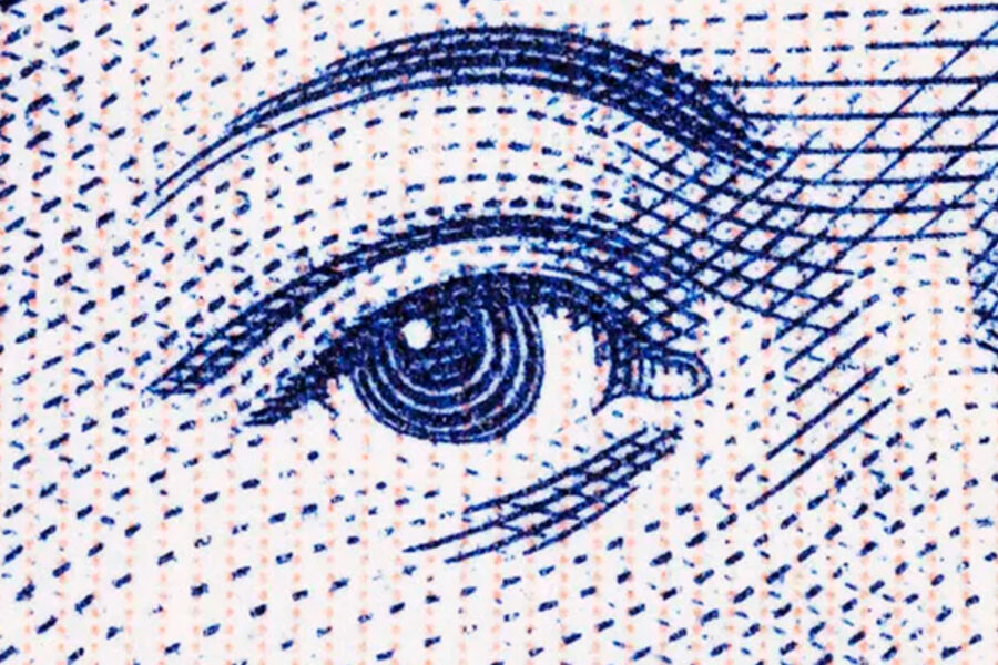 Fimm þúsund króna peningaseðill. Nærmynd af auga Ragnaheiðar Jónsdóttur biskupsfrúar á Hólum