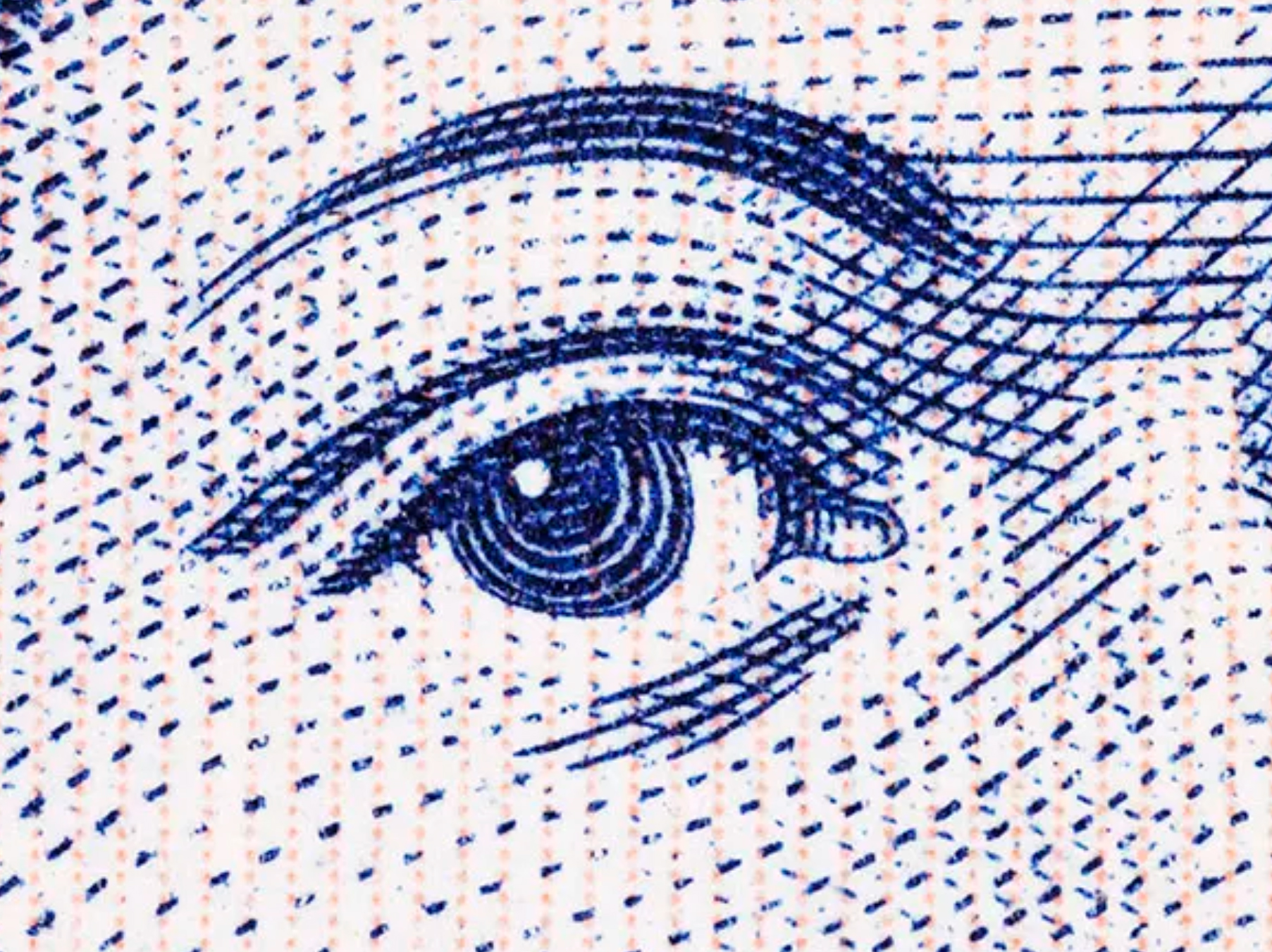 Fimm þúsund króna peningaseðill. Nærmynd af auga Ragnaheiðar Jónsdóttur biskupsfrúar á Hólum