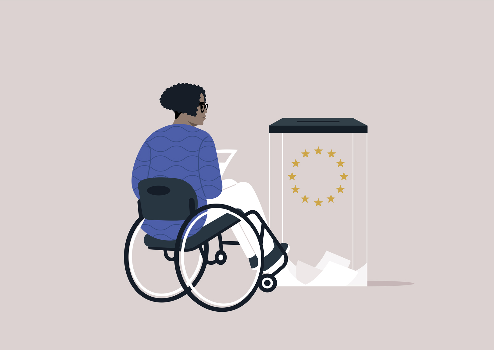 Teiknuð mynd af konu í hjólastól að kjósa. Merki Evrópusambandins á kjörkassanum.